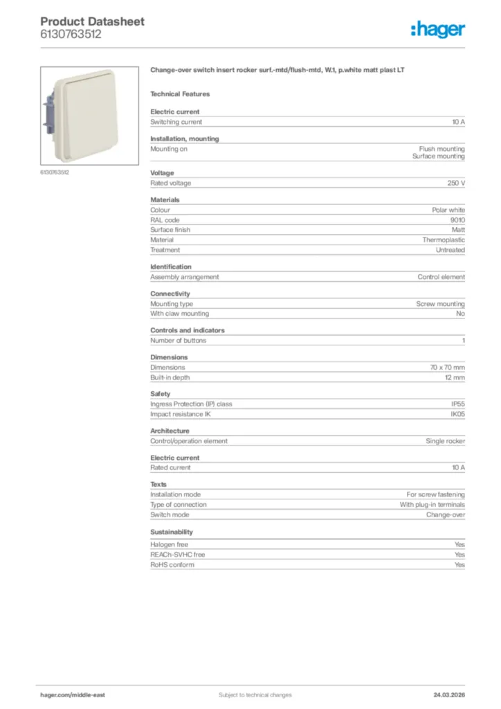 Image Hager Product data sheet 6130763512  | Hager