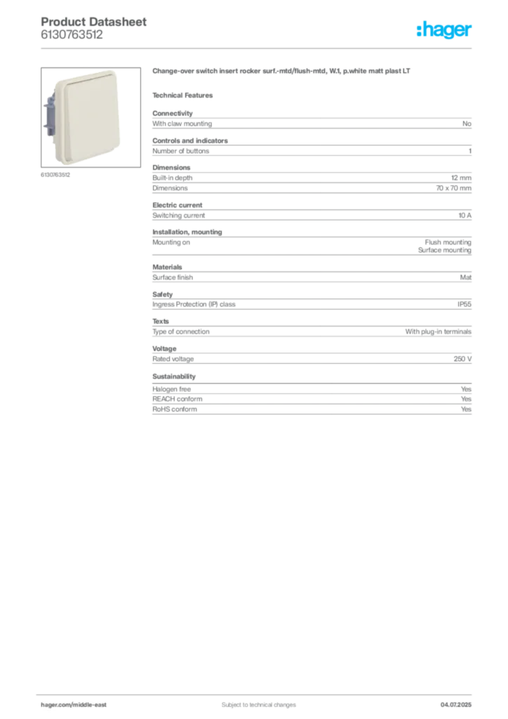 Image Hager Product data sheet 6130763512  | Hager