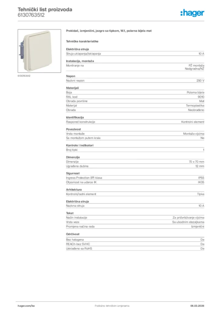 Slika Hager Tehnički list proizvoda 6130763512  | Hager