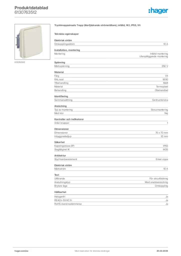 Bild Hager Produktdatablad 6130763512 | Hager Sverige