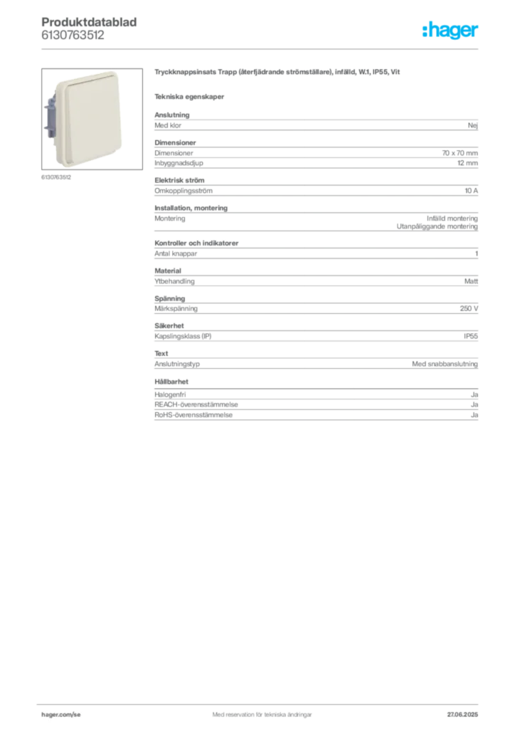 Bild Hager Produktdatablad 6130763512 | Hager Sverige