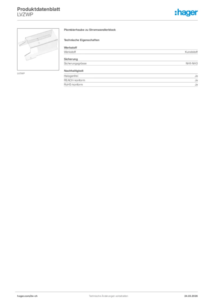 Bild Hager Produktdatenblatt LVZWP | Hager Schweiz