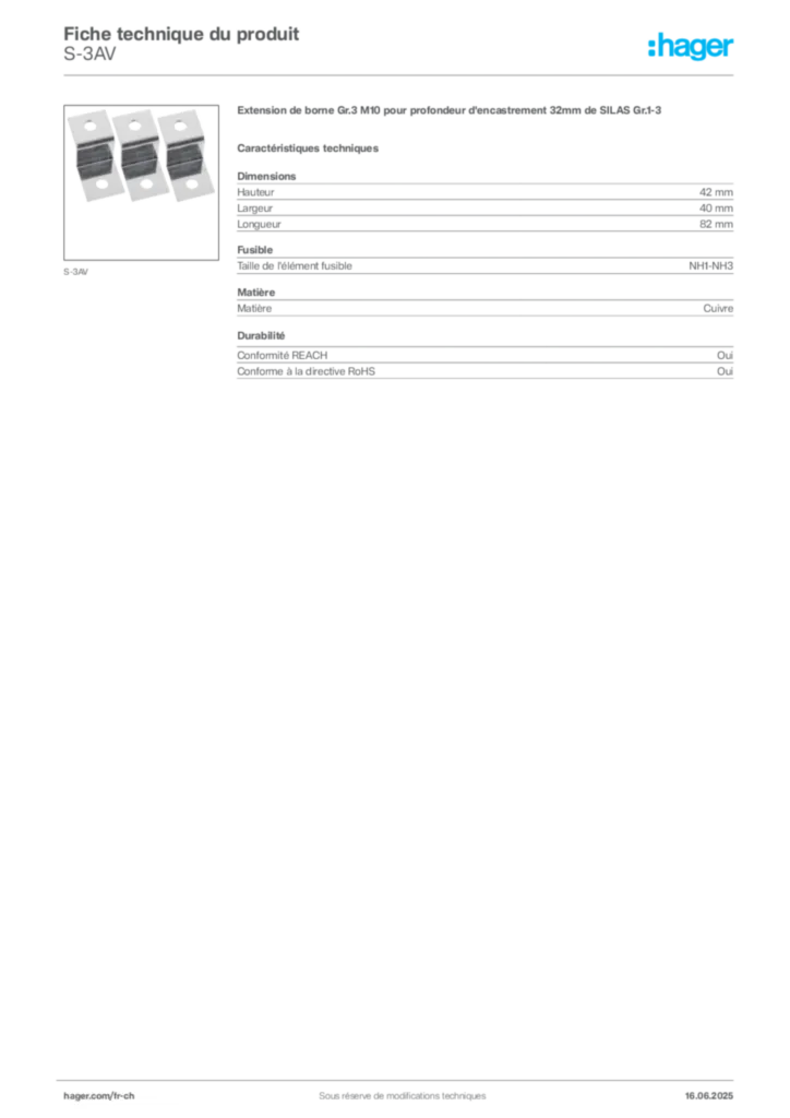 Image Hager Fiche technique du produit S-3AV | Hager Suisse