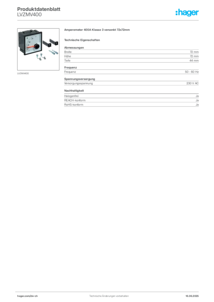Bild Hager Produktdatenblatt LVZMV400 | Hager Schweiz