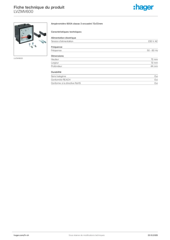 Image Hager Fiche technique du produit LVZMV600 | Hager Suisse