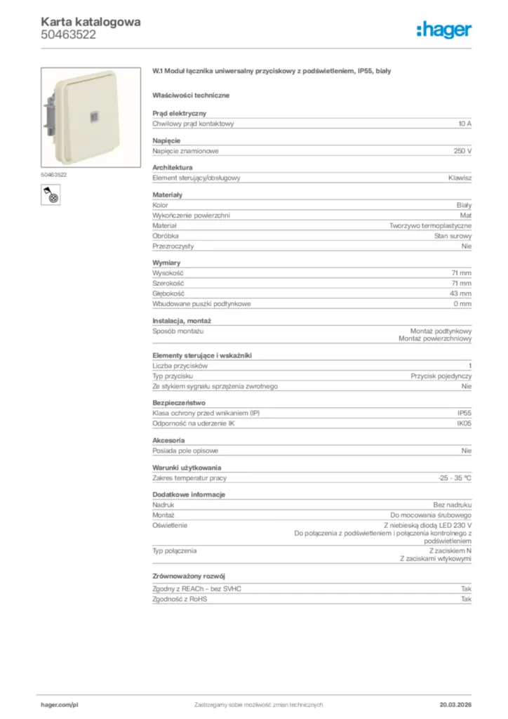 Zdjęcie Hager Karta katalogowa 50463522 | Hager Polska