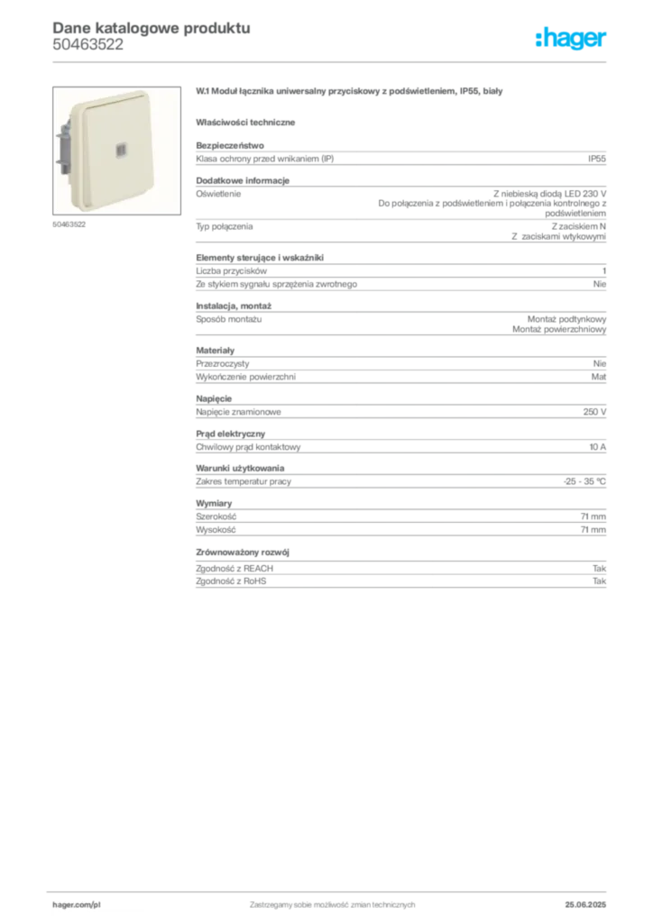 Zdjęcie Hager Dane katalogowe produktu 50463522 | Hager Polska