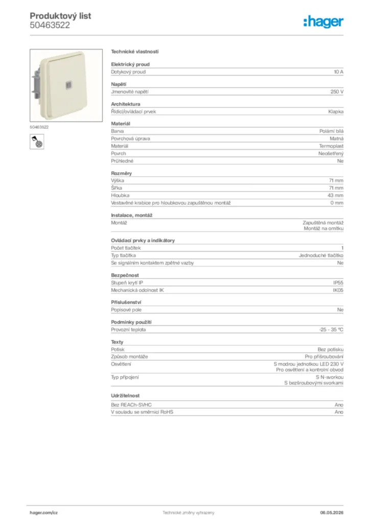 Obrázek Hager Product data sheet 50463522 | Hager