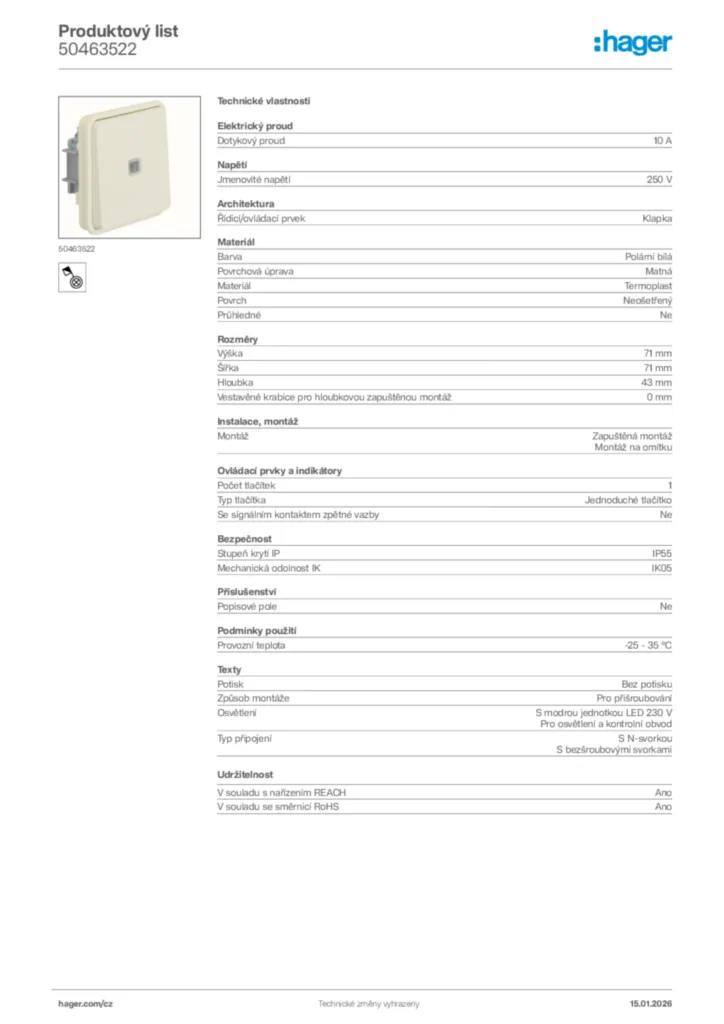 Obrázek Hager Product data sheet 50463522 | Hager