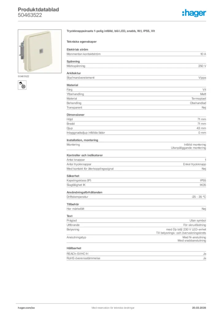 Bild Hager Produktdatablad 50463522 | Hager Sverige