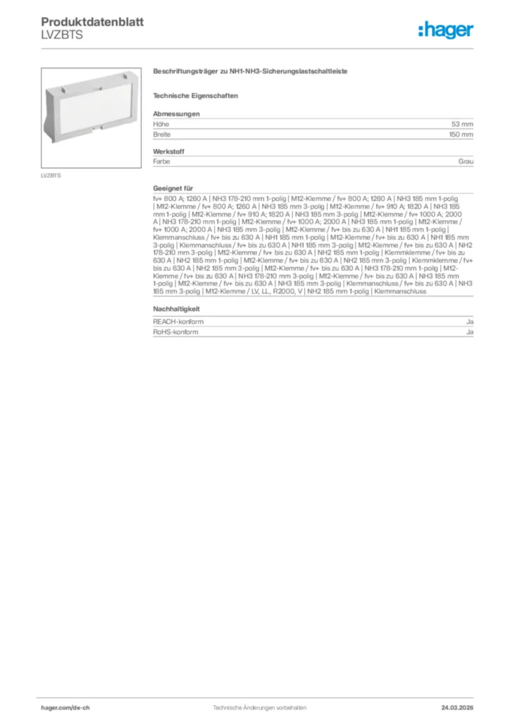 Bild Hager Produktdatenblatt LVZBTS | Hager Schweiz