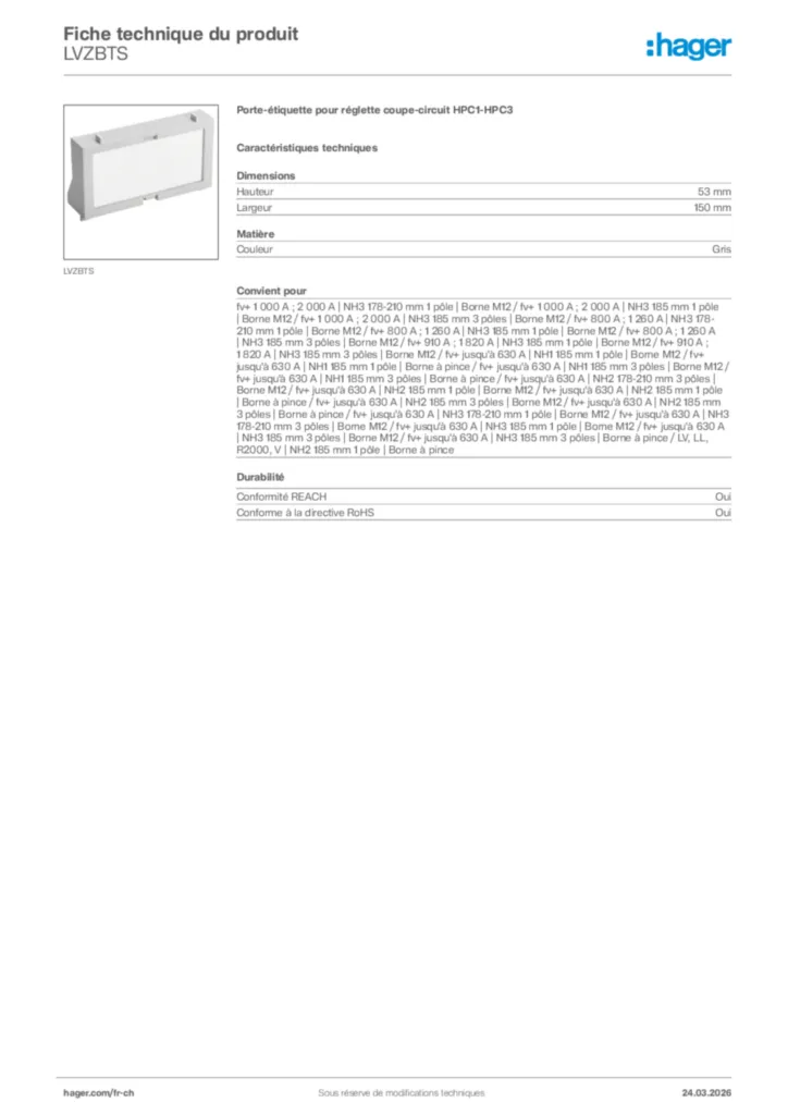 Image Hager Fiche technique du produit LVZBTS | Hager Suisse