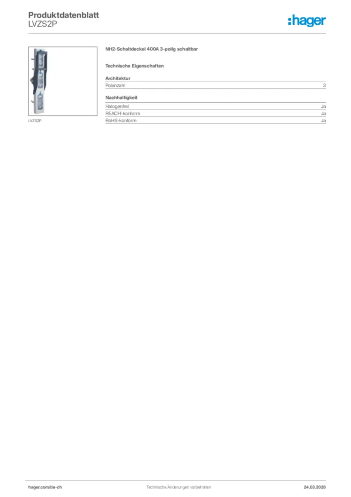 Bild Hager Produktdatenblatt LVZS2P | Hager Schweiz