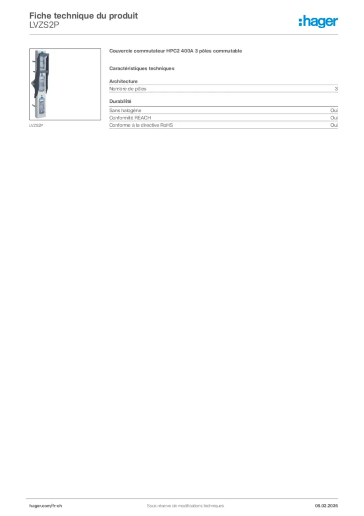 Image Hager Fiche technique du produit LVZS2P | Hager Suisse