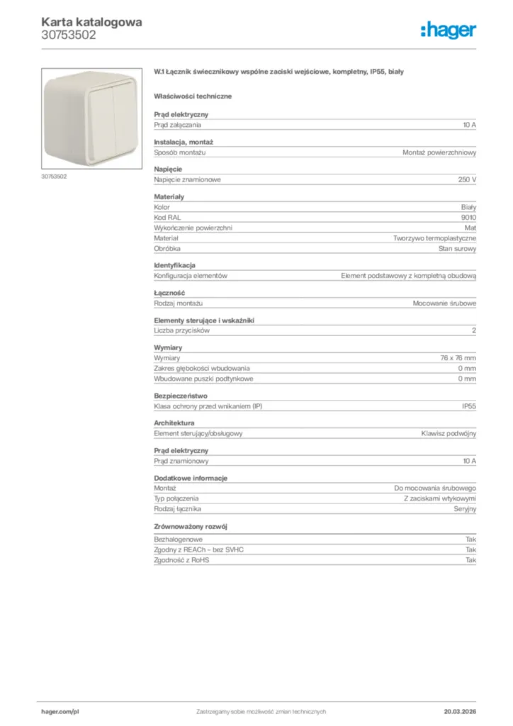 Zdjęcie Hager Karta katalogowa 30753502 | Hager Polska