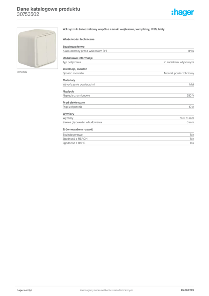 Zdjęcie Hager Dane katalogowe produktu 30753502 | Hager Polska