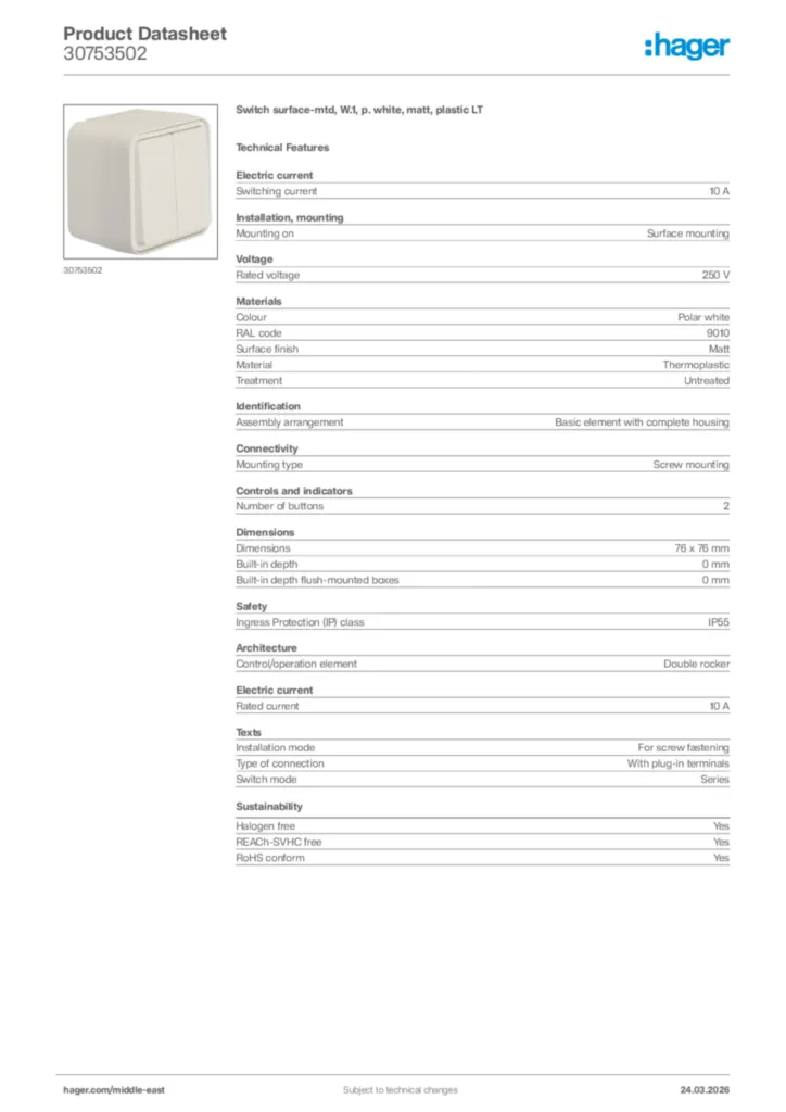 Image Hager Product data sheet 30753502  | Hager