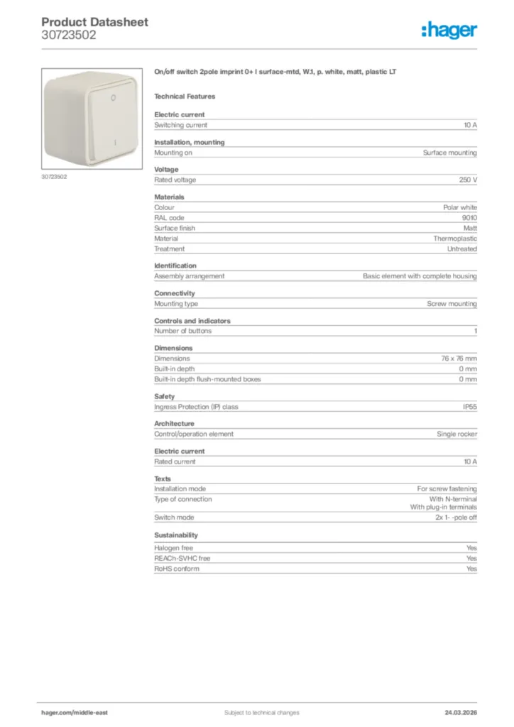 Image Hager Product data sheet 30723502  | Hager