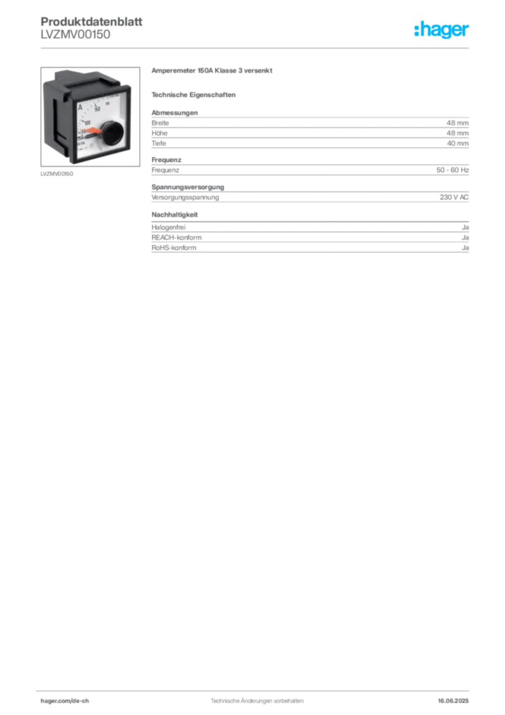 Bild Hager Produktdatenblatt LVZMV00150 | Hager Schweiz