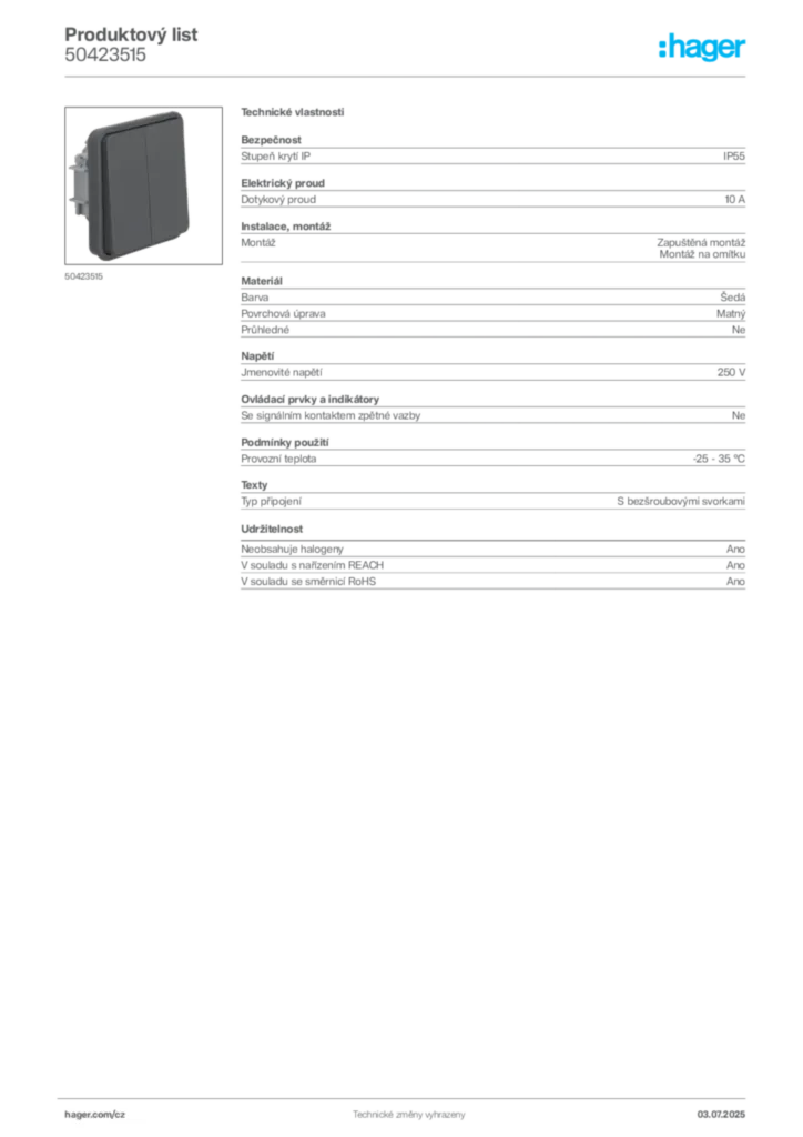 Obrázek Hager Product data sheet 50423515 | Hager