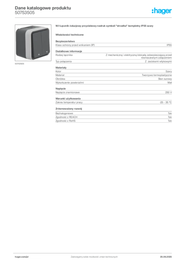 Zdjęcie Hager Dane katalogowe produktu 50753505 | Hager Polska