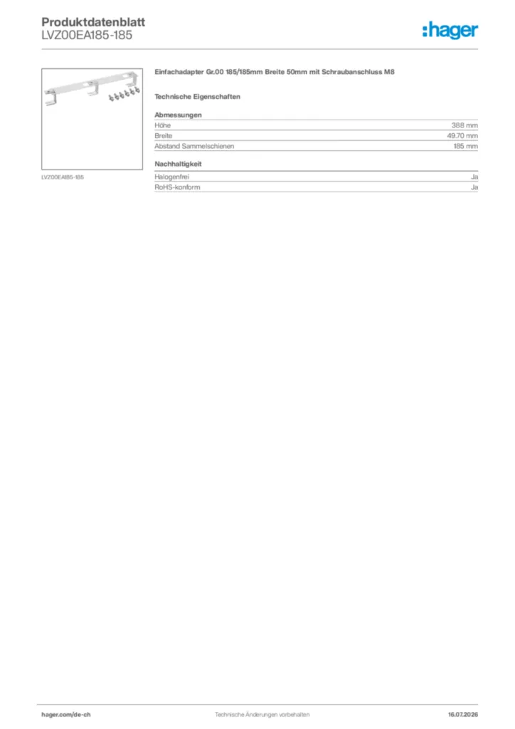 Bild Hager Produktdatenblatt LVZ00EA185-185 | Hager Schweiz