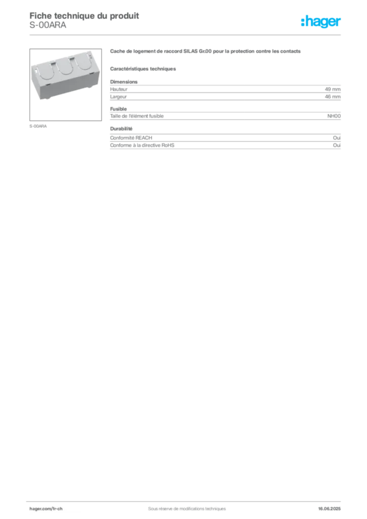 Image Hager Fiche technique du produit S-00ARA | Hager Suisse