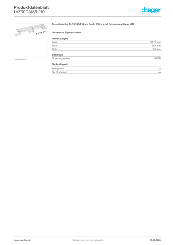 Bild Hager Produktdatenblatt LVZ00DA185-210 | Hager Schweiz