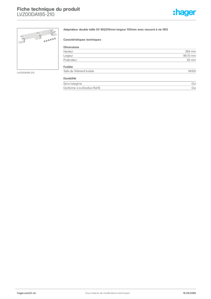 Image Hager Fiche technique du produit LVZ00DA185-210 | Hager Suisse