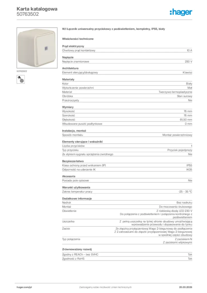 Zdjęcie Hager Karta katalogowa 50763502 | Hager Polska