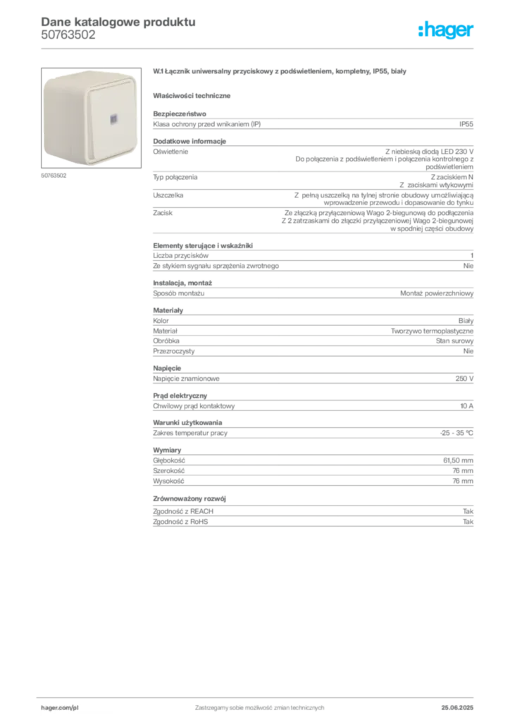Zdjęcie Hager Dane katalogowe produktu 50763502 | Hager Polska