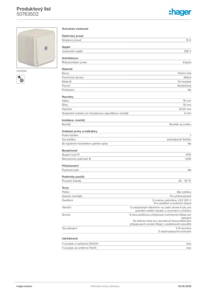 Obrázek Hager Product data sheet 50763502 | Hager