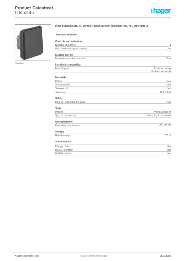 Image Hager Product data sheet 50453515  | Hager