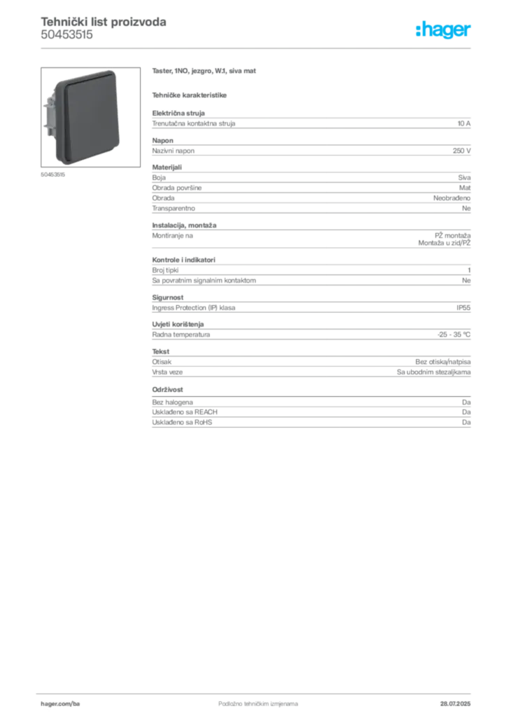 Slika Hager Product data sheet 50453515  | Hager