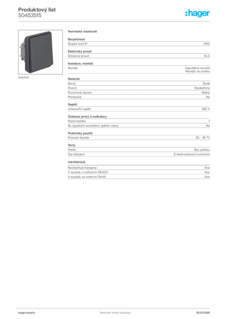 Obrázek Hager Product data sheet 50453515 | Hager