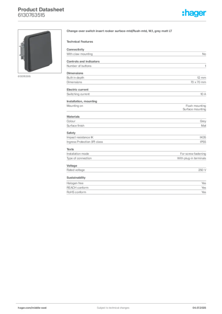 Image Hager Product data sheet 6130763515  | Hager