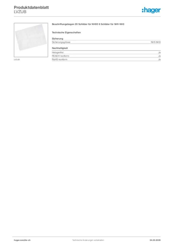Bild Hager Produktdatenblatt LVZUB | Hager Schweiz