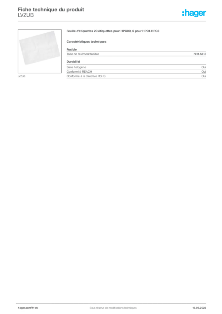Image Hager Fiche technique du produit LVZUB | Hager Suisse