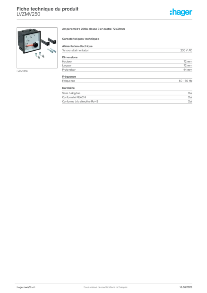 Image Hager Fiche technique du produit LVZMV250 | Hager Suisse