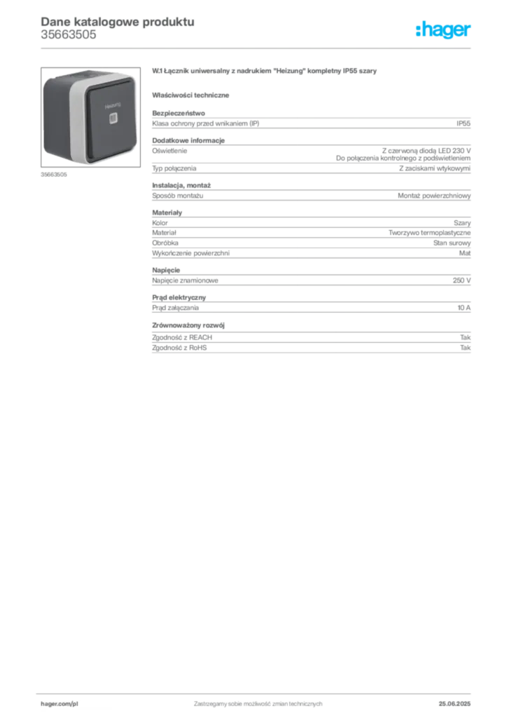 Zdjęcie Hager Dane katalogowe produktu 35663505 | Hager Polska