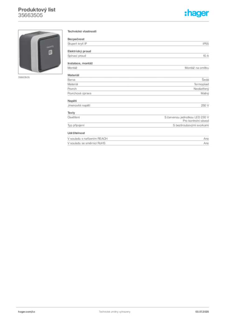 Obrázek Hager Product data sheet 35663505 | Hager