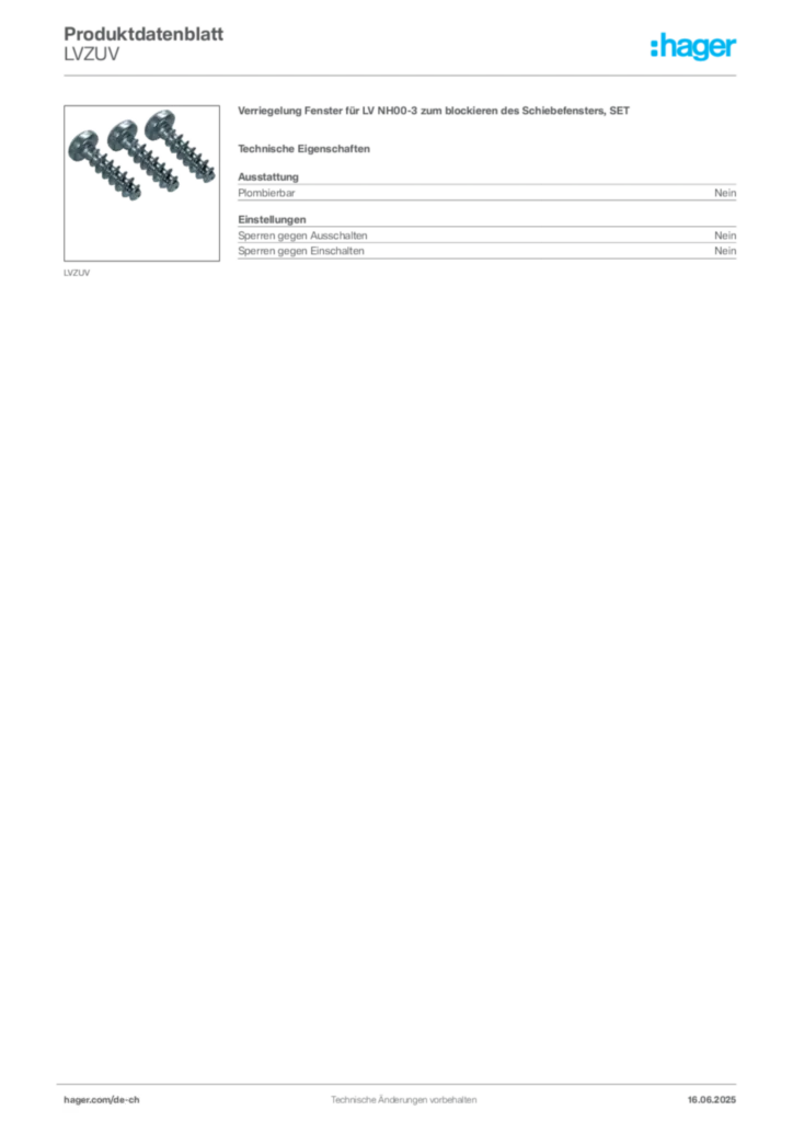 Bild Hager Produktdatenblatt LVZUV | Hager Schweiz