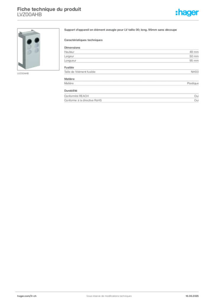 Image Hager Fiche technique du produit LVZ00AHB | Hager Suisse