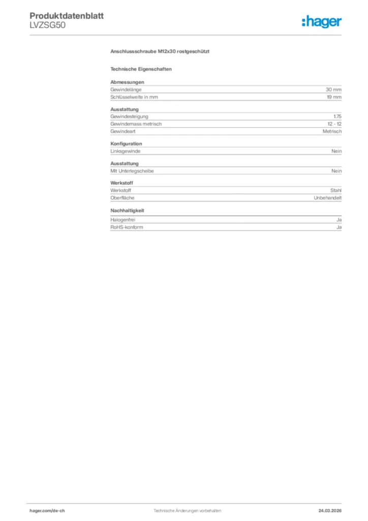 Bild Hager Produktdatenblatt LVZSG50 | Hager Schweiz