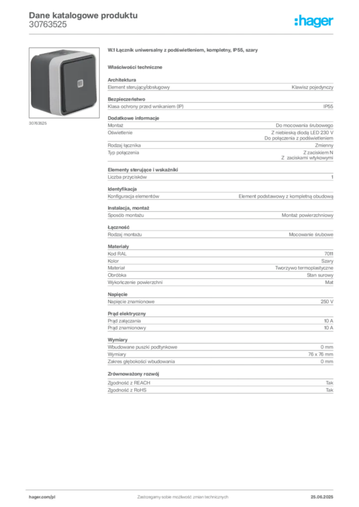 Zdjęcie Hager Dane katalogowe produktu 30763525 | Hager Polska
