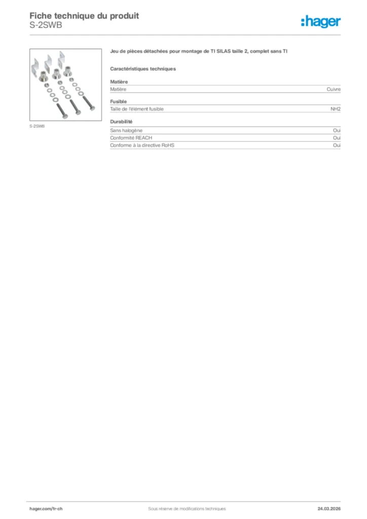 Image Hager Fiche technique du produit S-2SWB | Hager Suisse
