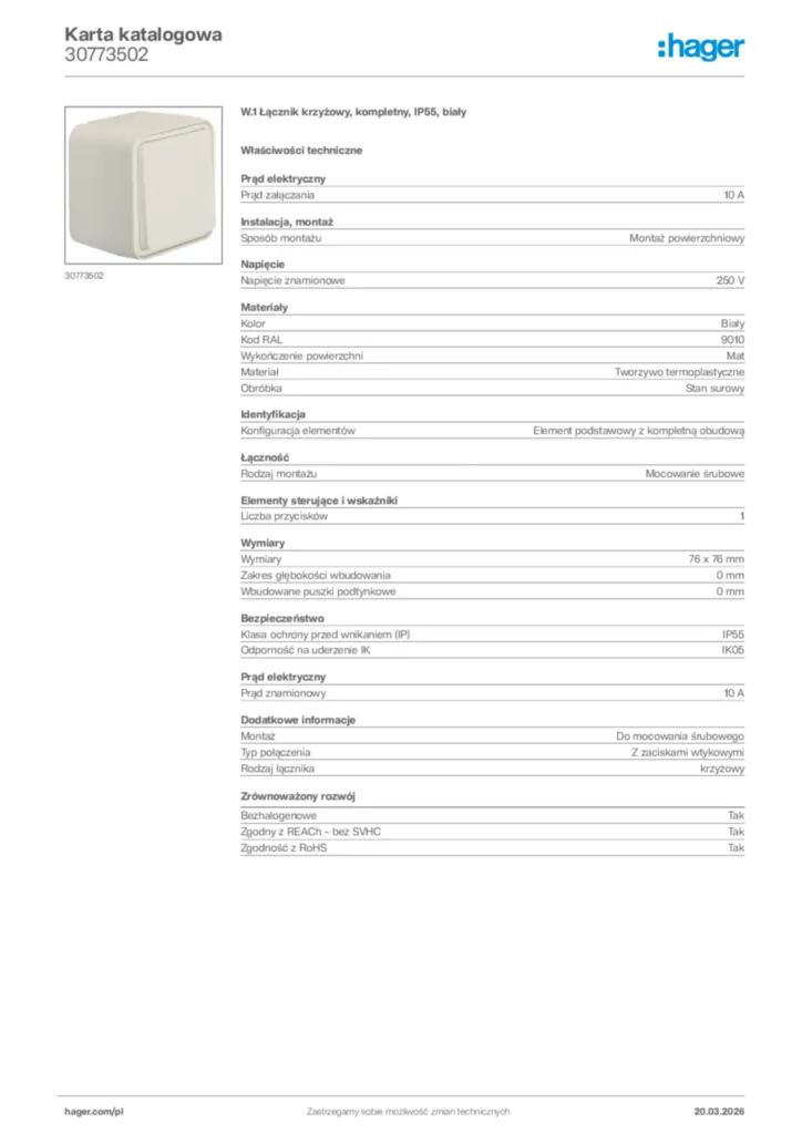 Zdjęcie Hager Karta katalogowa 30773502 | Hager Polska