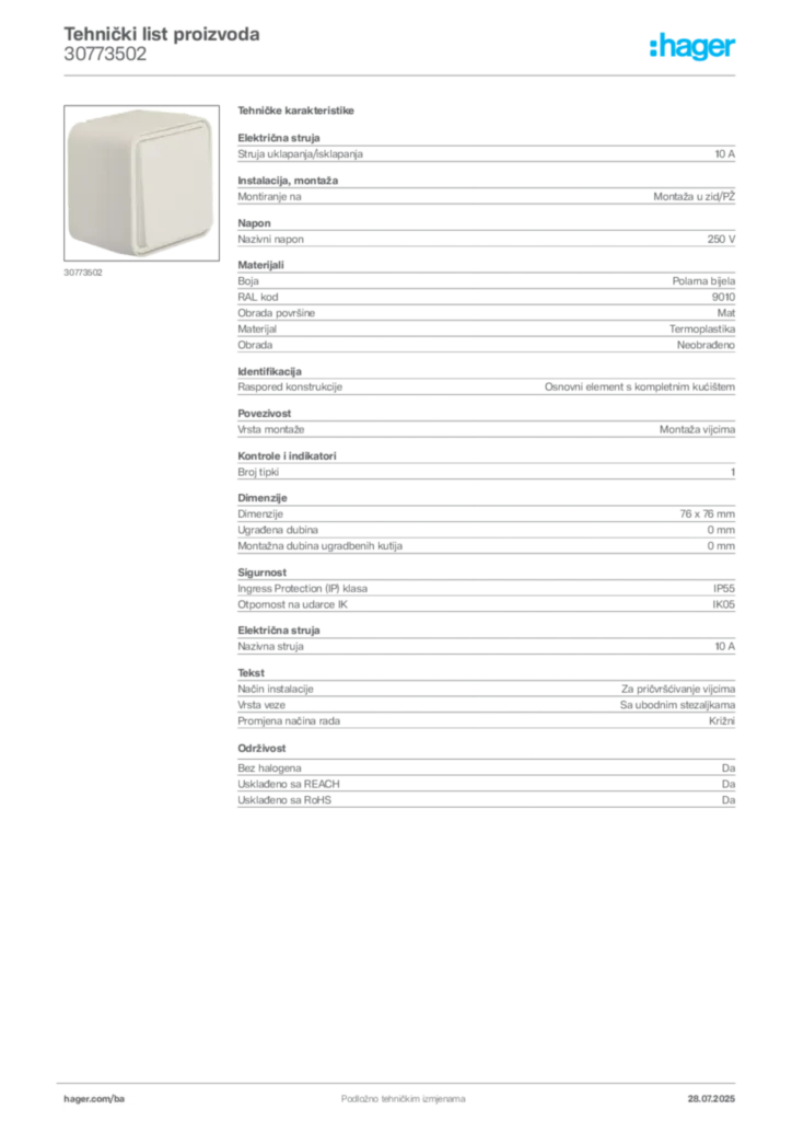 Slika Hager Product data sheet 30773502  | Hager