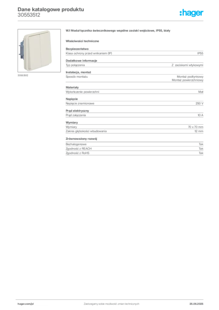 Zdjęcie Hager Dane katalogowe produktu 30553512 | Hager Polska