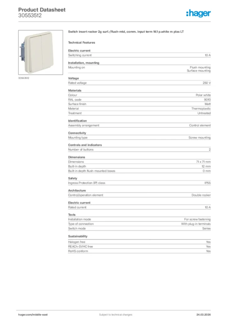 Image Hager Product data sheet 30553512  | Hager